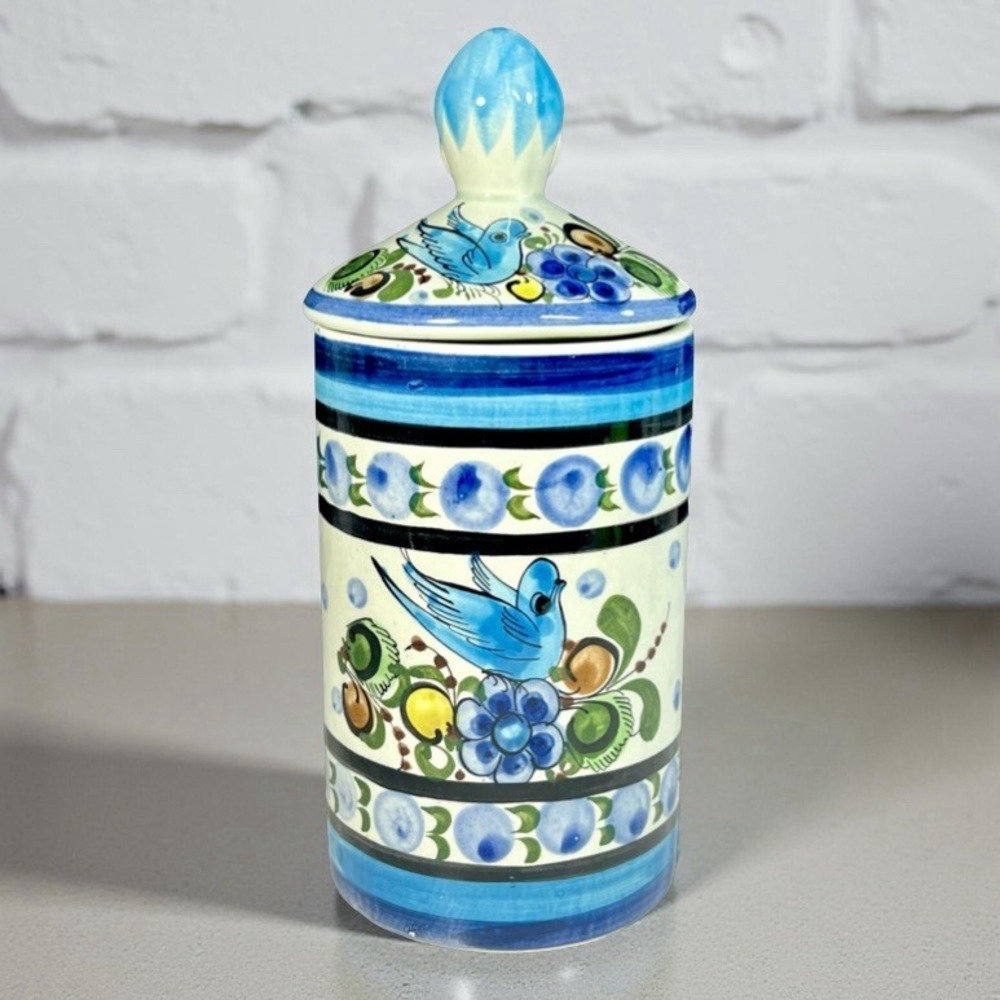 Tonala Mexican Pottery Canister‎ Jar Lidded Hand Painted Floral Bird Signed CAT